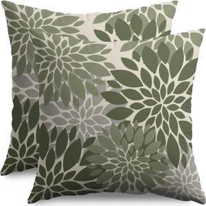 Dark Sage Green Flower Pillow Covers 18X18 Inch Set of 2, Grey Gray Dahlia Floral Spring Summer Cream Decorative Throw Pillow Covers Outdoor Modern Farmhouse Cushion Case for Home Couch Sofa Bed Decor
