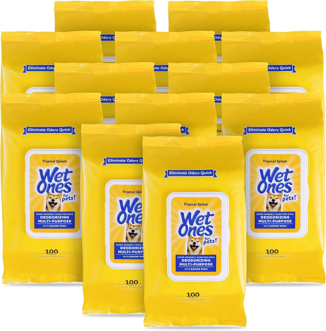 Wet Ones for Pets Deodorizing Multipurpose Dog Wipes with Baking Soda, Tropical Splash Scent - Deodorizing Dog Grooming Wipes with Wet Lock Seal, 100 Count - 12 Pack