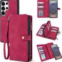 TwoHead for Samsung Galaxy S25 Ultra Wallet Case with Card Holder, Detachable Magnetic Phone Case for S25 Ultra,PU Leather All-Round Protective Phone Case Wallet with Wrist Strap(6.9 in, Red)