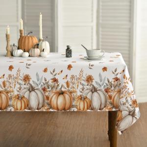 Horaldaily Fall Tablecloth 60×120 Inch Rectangular, Orange Grey Pumpkin Autumn Harvest Flower Washable Seasonal Table Cover for Party Picnic Dinner Decor