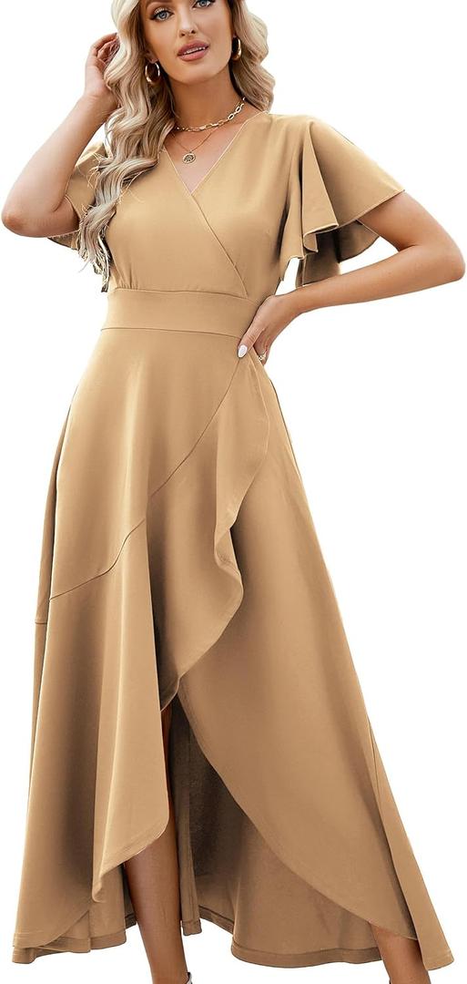Long Black Formal Dresses for Women Gowns Evening Party Cocktail Dress,Split Elegant V Neck Wrap Ruffle Wedding Guest Dresses (Medium, Khaki)