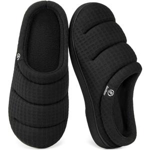 EverFoams Women's Cozy Waffle Slippers Soft Quilted Memory Foam Indoor House Shoes (7-8, Dark Black)