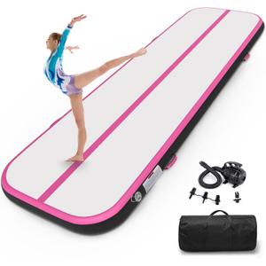 Estgora Gymnastics Mat For Tumbling 20ft 16ft 13ft 10ft 6.6ft Tumble Track 4/8 Inch Thick Inflatable Gymnastic Training Equipment For kids At Home Gym Cheerleading with Electric Pump (Black-Pink)