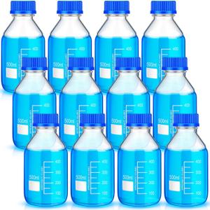 Irenare Media Storage Bottles Borosilicate Storage Glass Scientific Round Graduated Media Bottle with Blue Gl45 Screw Cap for Lab Water Reagent Liquids(500 ml,12 Pcs)