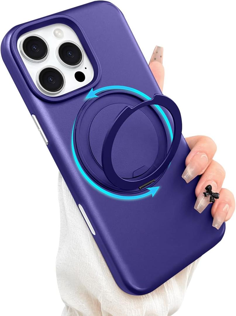 ankofave Magnetic for iPhone 16 Pro Max Phone Case with 360 Spin Stand, Matte Luxury Metallic Luster, 3.0 mm Thick Protection Hard PC Scratch-Resistant Case for iPhone 16 Pro Max 6.9", Purple