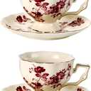KAMMAK Tea Cups and Saucers Set of 2, Porcelain Coffee Cups, 7-Ounce Stackable Espresso Mugs, Ceramic Demitasse for Coffee, Latte, Americano, Tea, Red Orchid