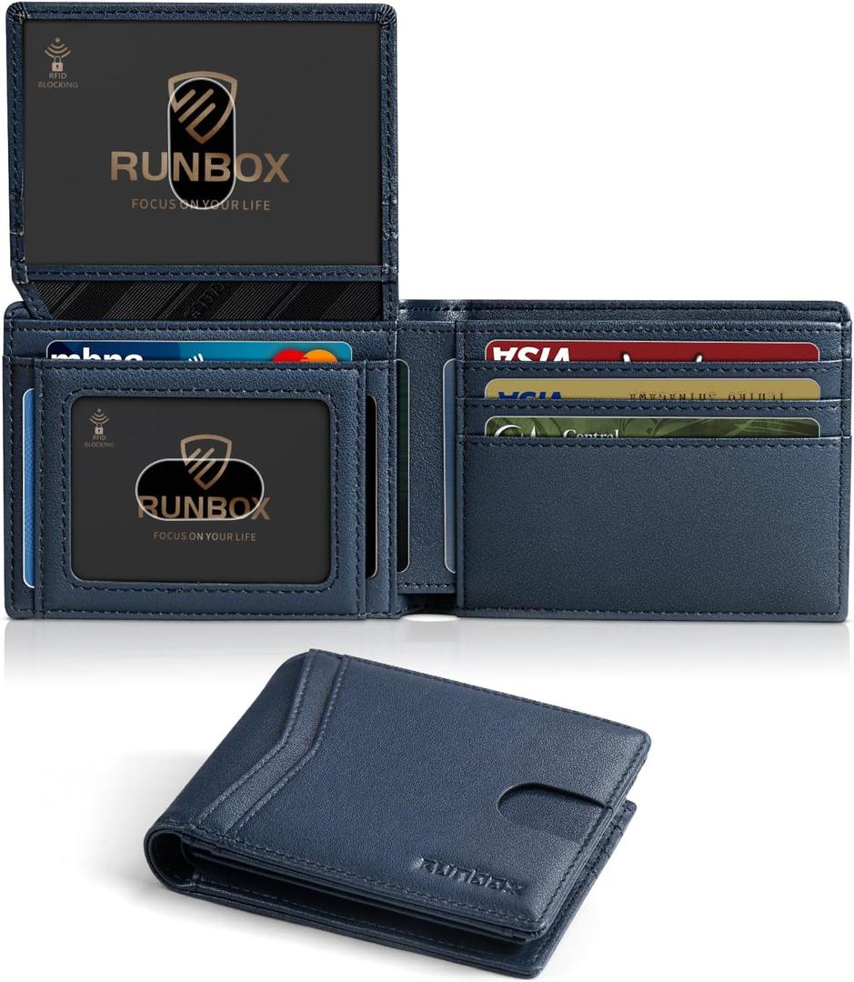 RUNBOX Wallet for Men Slim Rfid Leather 2 ID Window With Gift Box | Slim, Rfid, 2 ID Window, With Gift Box, Slim, Rfid A Tibetan Blue