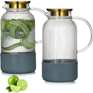 Buaic 2 PACK Glass Pitcher with Lid, 68 oz/ 2 Liter Classic Vertical Stripes Water Pitcher with Silicone Base, Glass Water Carafe for Cold Brew, Coffee, Lemonade, Iced Sun Tea,Beverage,Heat Resistant