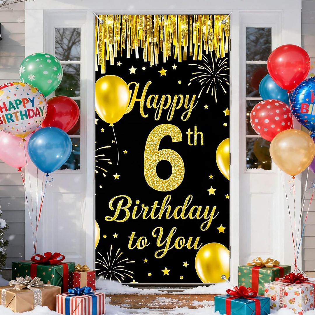 IVN 6th Birthday Door Cover 71x35 Inch Black Gold Birthday Banner for Party Decorations Balloons Stars Fireworks Backdrop Sign for Men Women Photo Booth Prop Wall Decor