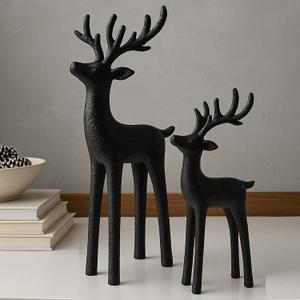Burbell 2 Set Modern Christmas Decor Neutral Christmas Reindeer Decor Resin Deer Statues Figurines Elk Statues for Neutral Modern Living Room Bedroom Office Bookshelf Desk Ornaments(Black,Small)