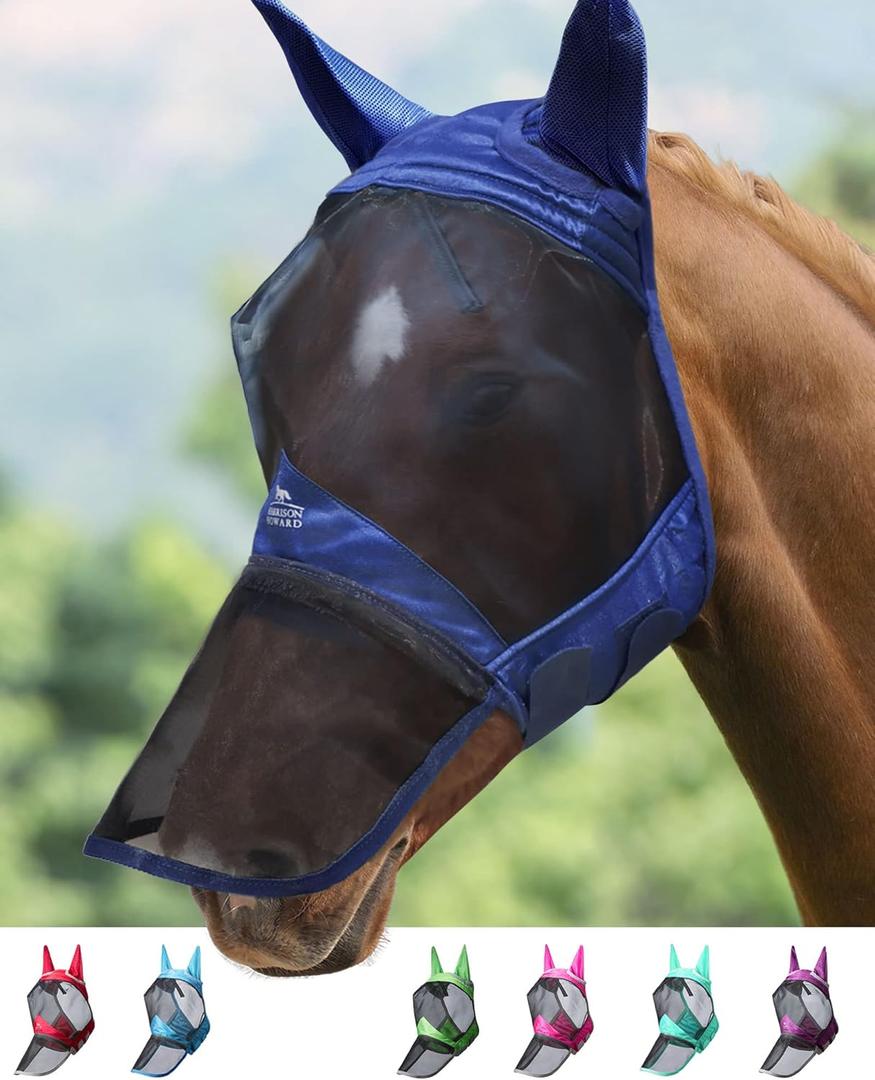 Harrison Howard CareMaster Pro Luminous Horse Fly Mask Large Eye Space Long Nose with Ears UV Protection for Horse Navy Full Size