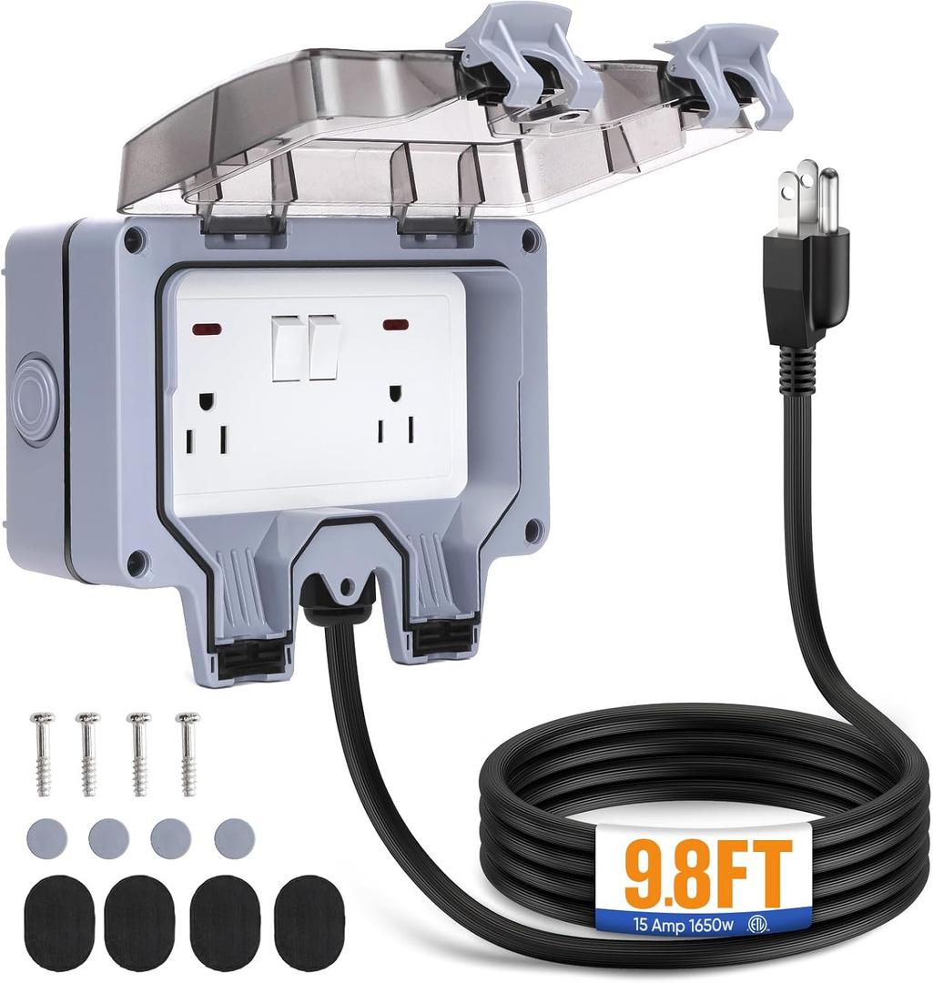 Outdoor Power Outlet,Outdoor Extension Cord Waterproof Double Wall Outlet Extender with On-Off Switch and Indicator LightExterior Electric External Power Outlet,Outside Outlet (9.8FT)