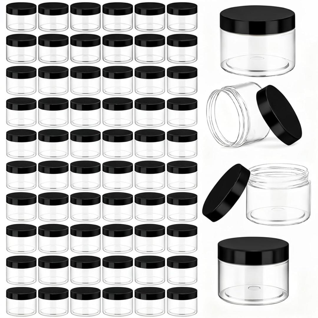 Patelai 60 Pcs Plastic Container Jars with Lids Round Clear Travel Cosmetic Container Jars for Toiletries, Lotion, Cream, Ointments, Makeup, Rhinestone, Samples, Kitchen Storage(Black,8 oz)