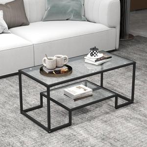 42" Rectangular Glass Coffee Table for Living Room, 2-Tier Center Tea Table with Metal Frame for Small Space, Apartment, Office (Black), 42.5"*19.5"*16.5"