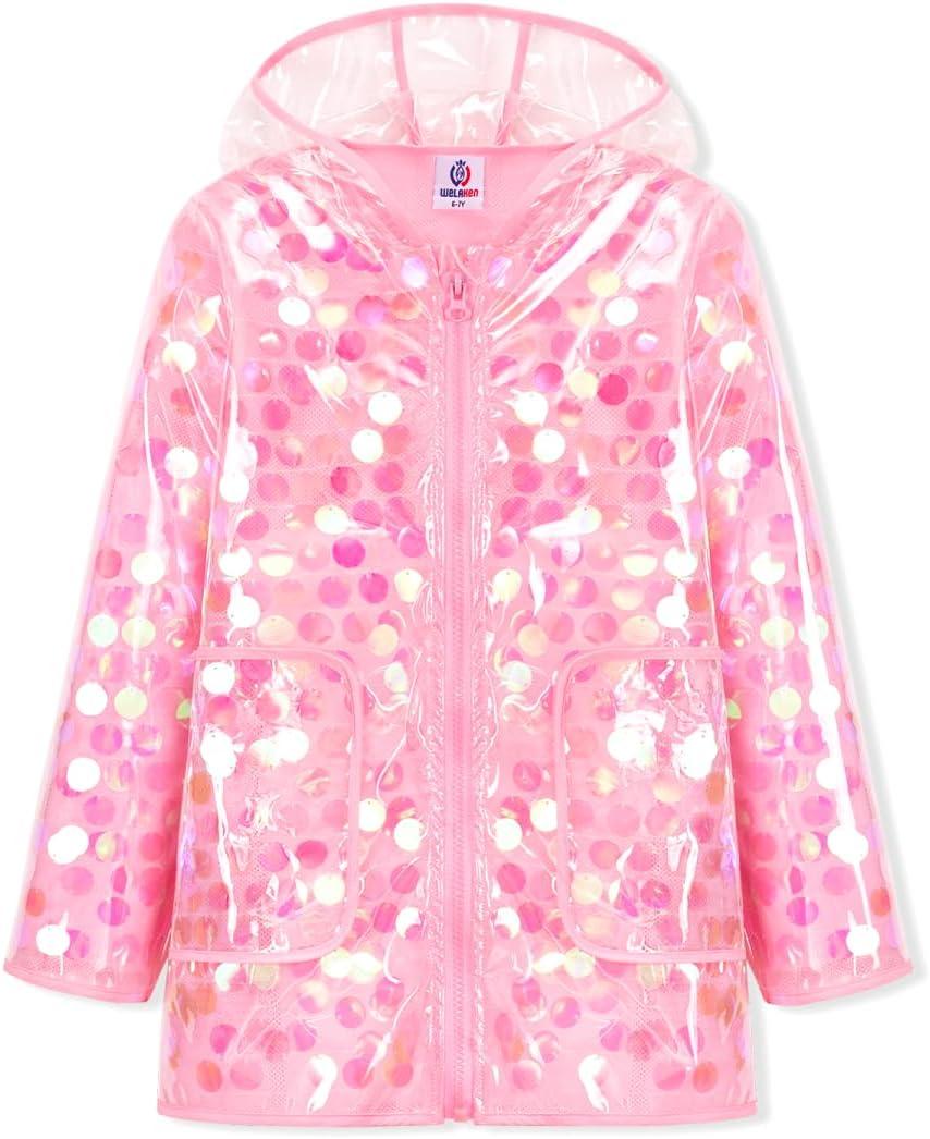 WELAKEN Girls Sequin Raincoat Waterproof Reusable Hooded Outwear Rain Jacket with Lining