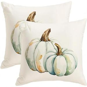 Fall Pumpkin Throw Pillow Covers, 18x18 Inches, Set of 2, Orange and Black Striped Farmhouse Decor, Thanksgiving Holiday Cushion Cases