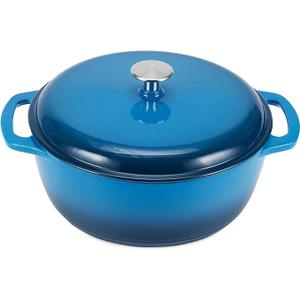 Amazon Basics Enameled Cast Iron Dutch Oven Pot with Lid, Round, Dual Handles, Heavy-Duty, Oven Safe for Stews, Roasting, Baking, 6-Quart, Blue