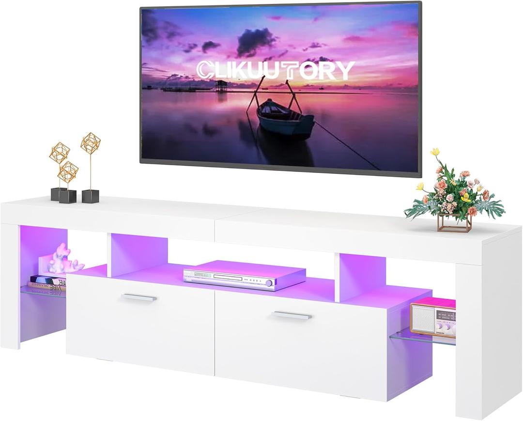 Clikuutory Modern Lighting 63 inch TV Stand with Large Storage Drawer for 50 55 60 65 70 75 Inch TVs, TV Console with 20 Color LED Lights, Entertainment Center Media and Open Shelf for Bedroom, White Clikuutory Modern Lighting 63 inch TV Stand with Large Storage Drawer for 50 55 60 65 70 75 Inch TVs, TV Console with 20 Color LED Lights, Entertainment Center Media and Open Shelf for Bedroom, White
