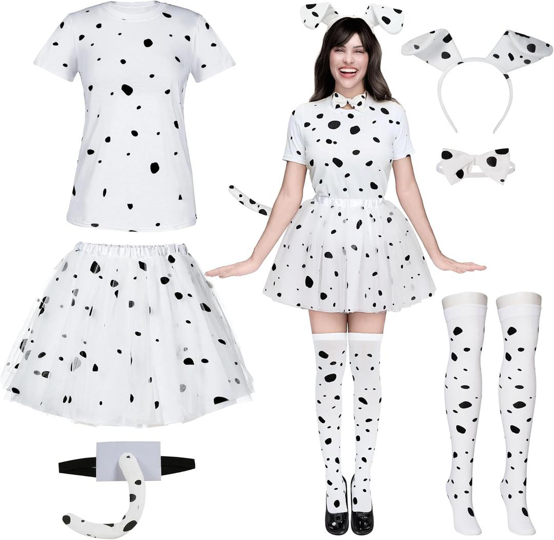 Spooktacular Creations 6 Pcs Halloween Women Dalmatian Dog Costume Set, Dalmatian Puppy Costume for Adult Women (Medium)