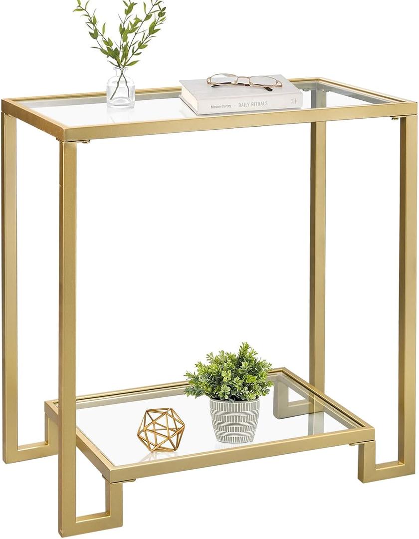 2 Tier Rectangular Side Table, Gold End Table with Glass Top, Modern Metal Clear Coffee Tables，Small Accent Tables for Living Room, Bedroom, 22" x 12.4" x 24"