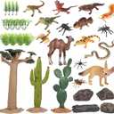34Pcs Desert Animal Figurines Set Breadfruit Cactus Model Trees Kit with Camel Fox Lizard Snake Rock Reptiles Playset Toys for Cake Toppers School Projects or Birthday Gift