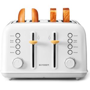 BUYDEEM DT640 4-Slice Toaster, Extra Wide Slots, Stainless Steel with High Lift Lever, Bagel and Muffin Function, Removal Crumb Tray, 7-Shade Settings, Arctic White