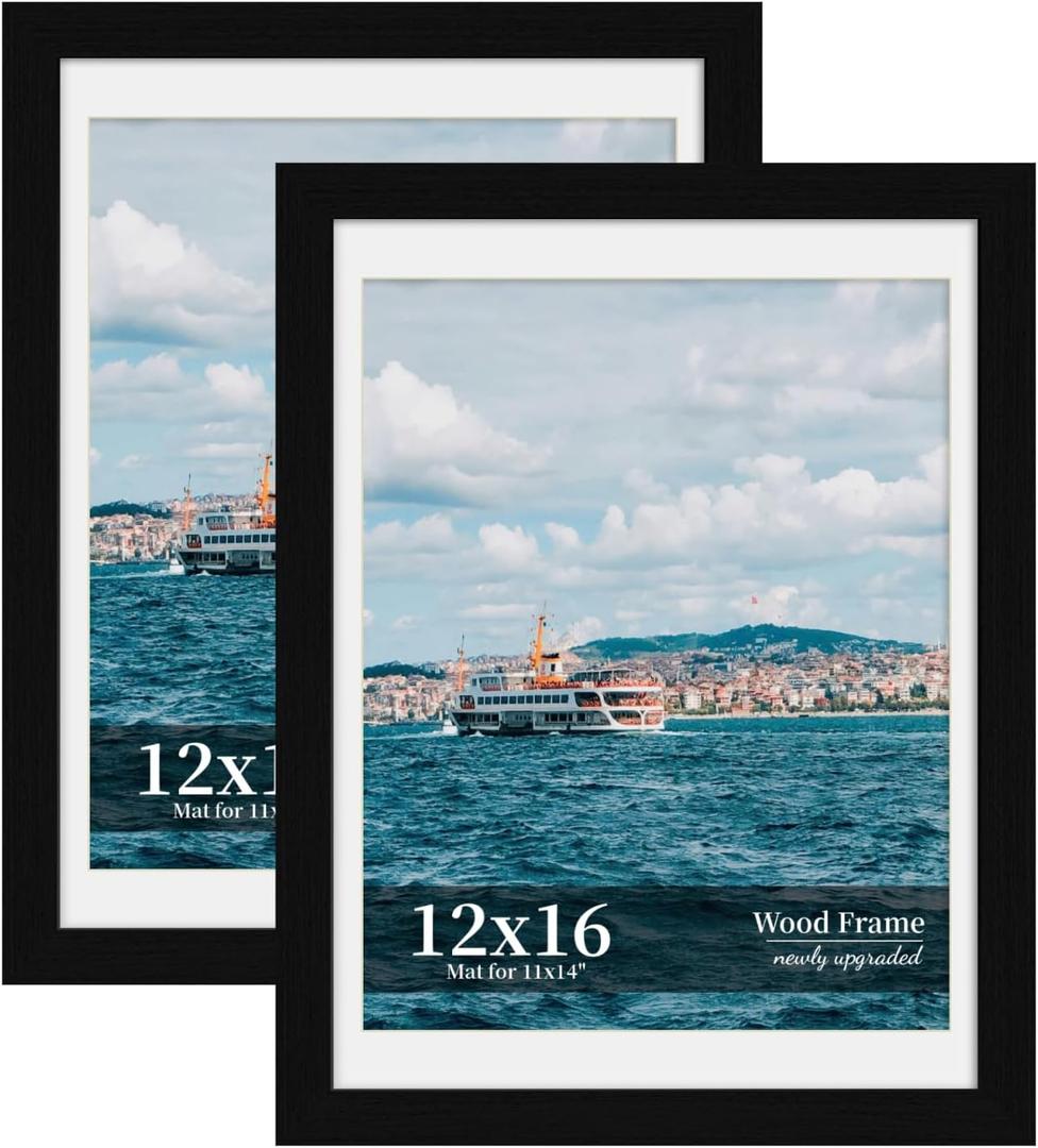 12x16 Picture Frame Set of 2, Wood Frame with Real Glass, Wide Border | Displays 11x14 with Mat or 12x16 without Mat, Horizontal or Vertical Wall Mount, Matte Black for Gallery Walls