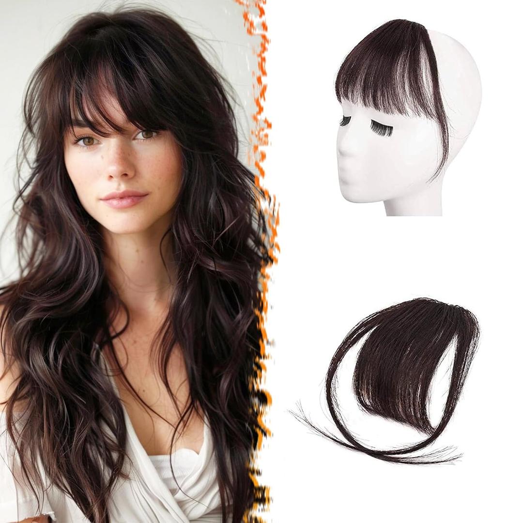 BARSDAR Real Human Hair Clip in Bangs - 100% Human Hair Clip in Bangs for Women - Brown Wispy Bangs Extensions Fringe with Temples Real Hair Bangs Hairpieces - Darker Brown