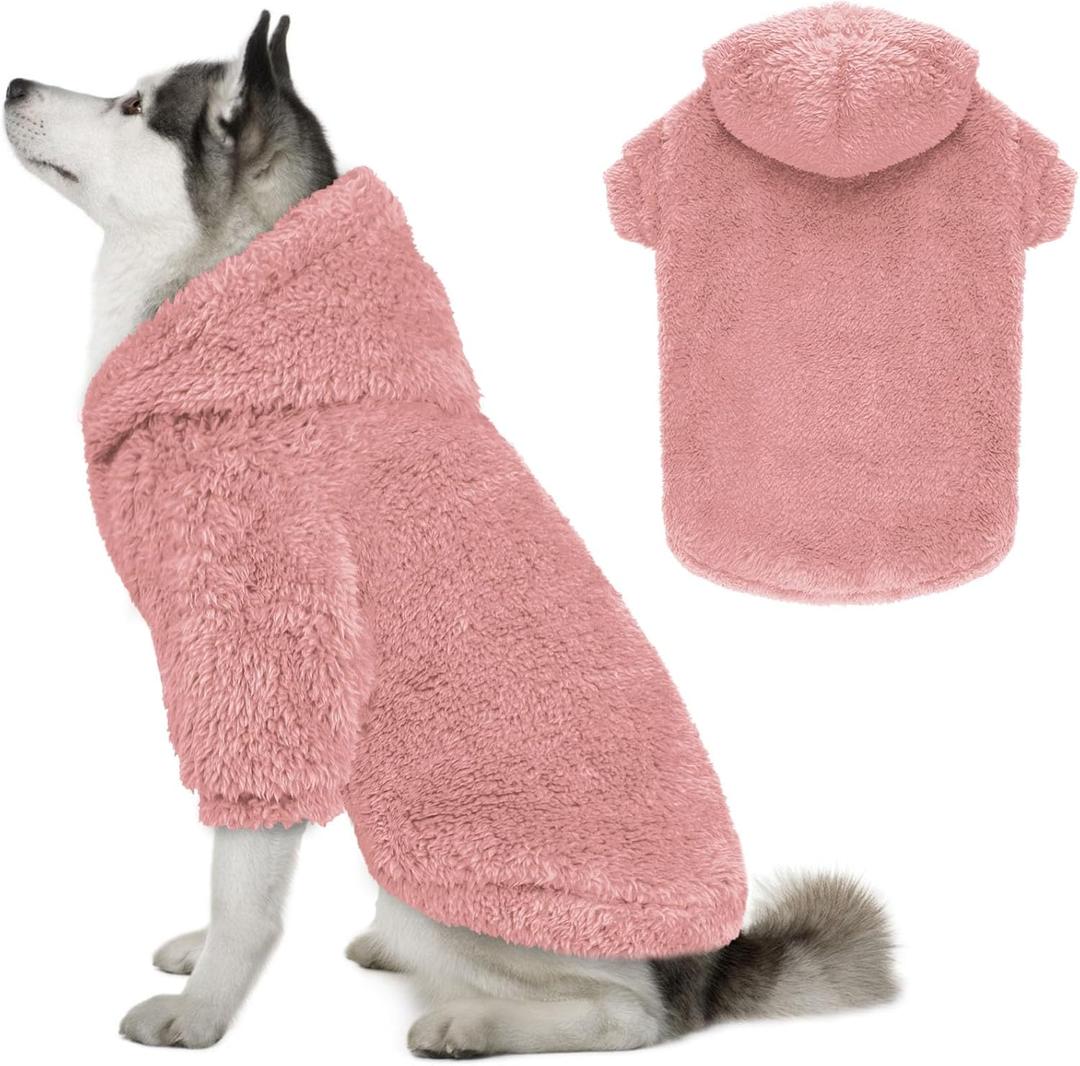 Fuzzy Dog Sweaters for Large Dogs Dog Hoodie Soft Double-Sided Plush Fleece Pet Sweater Clothes Coats Pet Hoodie Sherpa Hooded Sweatshirt (Pink-XL)