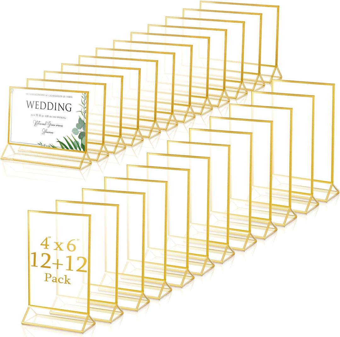 24 Pack Gold Picture Frames 4 x 6 Inch Clear Acrylic Sign Holders Double Sided Display Frames Bulk with Stand 2 mm Gold Border for Table Numbers Wedding Party (Horizontal, Vertical)
