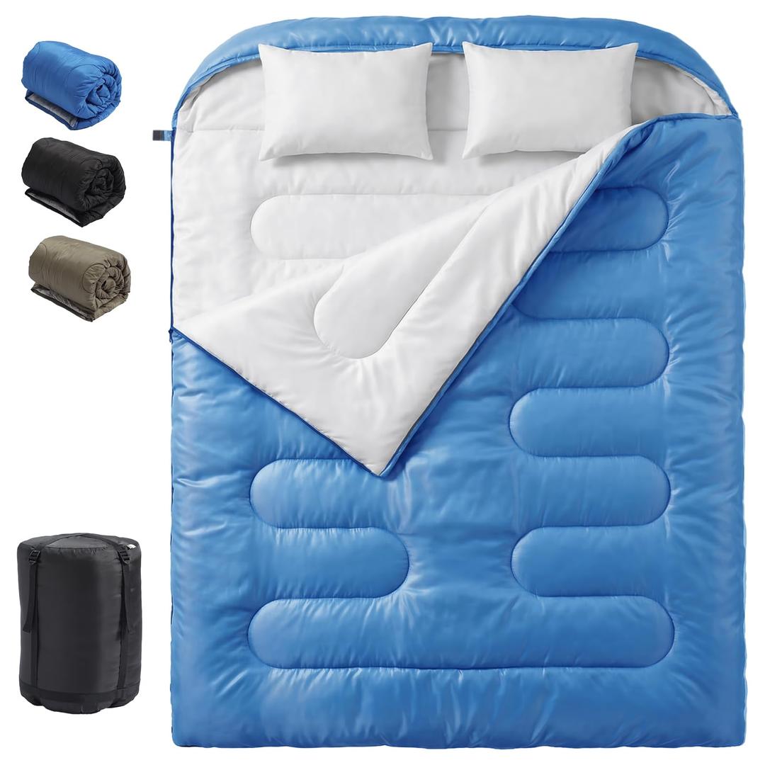 OLIXIS Double Sleeping Bag for Adults with Pillow, Lightweight Portable Queen 2 Person Sleeping Bag, Cold Weather Warm Zipper Sleep Bags for 3 Seasons Backpacking Camping Hiking Outdoor Adventure