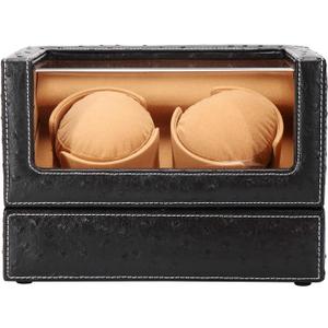 Double Watch Winder for Rolex and Other Luxury Watches - Automatic Winder with Quiet Motor, Premium Black Ostrich Leather Exterior and Soft Flexible Watch Pillows of Camel Velvet