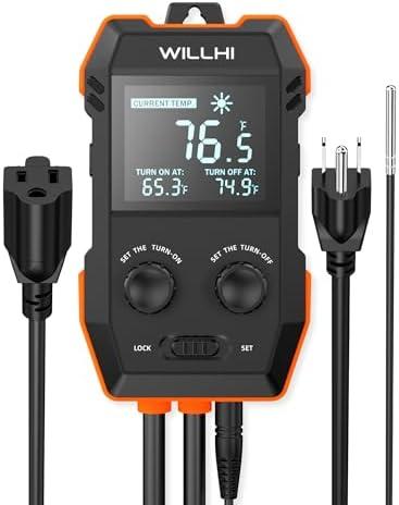 WILLHI WH2408 Temperature Controller 10A 1200W, Digital Thermostat Controlled Outlet Plug Switch for Reptile Terrarium Greenhouse Homebrew Aquarium Seedling Mat, Heating or Cooling Mode Thermometer