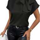 Milumia Women's Bow Tie Mock Neck Cap Sleeve Satin Blouse Office Shirts XL