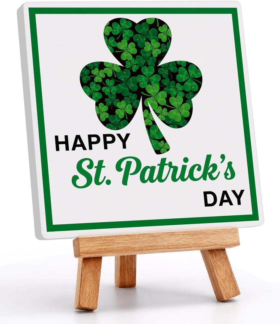 2 x St Patricks Day Decoration - Happy Saint Patricks Day Accessories Decor, Wood Ceramic Table Desk Sign, Green Lucky Shamrock Home Office Spring Tiered Tray Decor Centerpiece