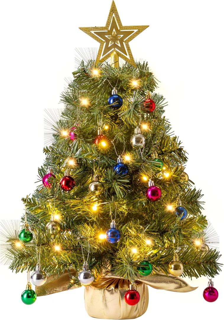 JOIEDOMI 24"/2FT Small Tabletop Christmas Tree with Lights with Star Treetop and Hanging Ornaments, Prelit Artificial Christmas Green LED Mini Tabletop Tree for Xmas Decorations Indoor Outdoor