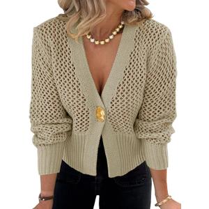 Cicy Bell Womens Cropped Crochet Cardigans Hollow Out Button Down Lantern Sleeve Knit Sweaters Casual Mesh Loose Fit Cover Up Khaki L