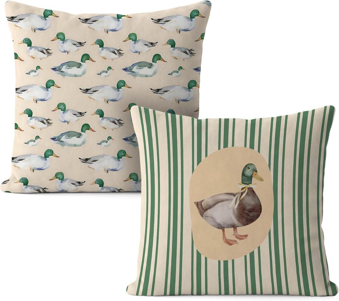 Vintage Green Mallard Duck Pillow Covers 18x18, Mallard Duck Nursery Decor, Farmhouse Country Farm Animal Decorative Throw Pillow Covers for Home Living Room Kids Bedroom Sofa Couch Set of 2 (Color-03)