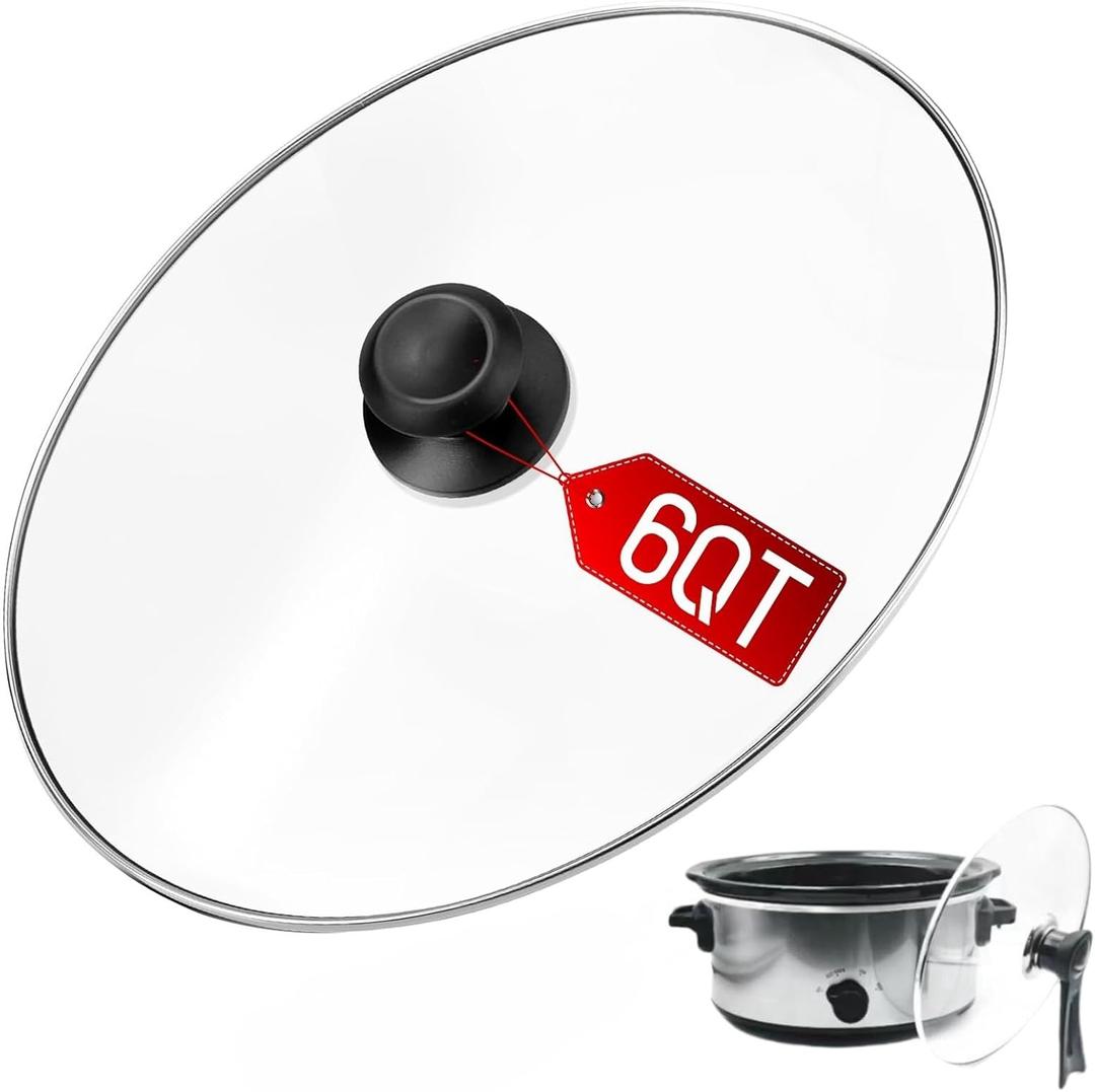 Oval Glass Lid 6 Quart Compatible with Hamilton Beach 6qt Slow Cooker 33665G, 6QT Crock Pot Lid Replacement, Heat-Resistant Extended Handle & Standable Pot Lid  Space-Saving & Convenient