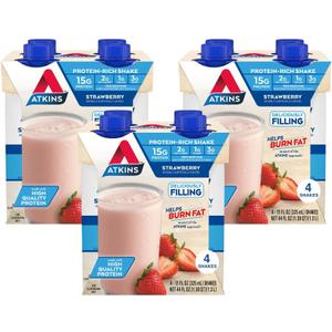 Atkins Strawberry Flavored Protein Shake, High Protein, Low Glycemic, Low Sugar and Low Carb, Keto Friendly, Gluten Free, 12 Count BB 4/13/26 Atkins Strawberry Flavored Protein Shake, High Protein, Low Glycemic, Low Sugar and Low Carb, Keto Friendly, Gluten Free, 12 Count BB 4/13/26