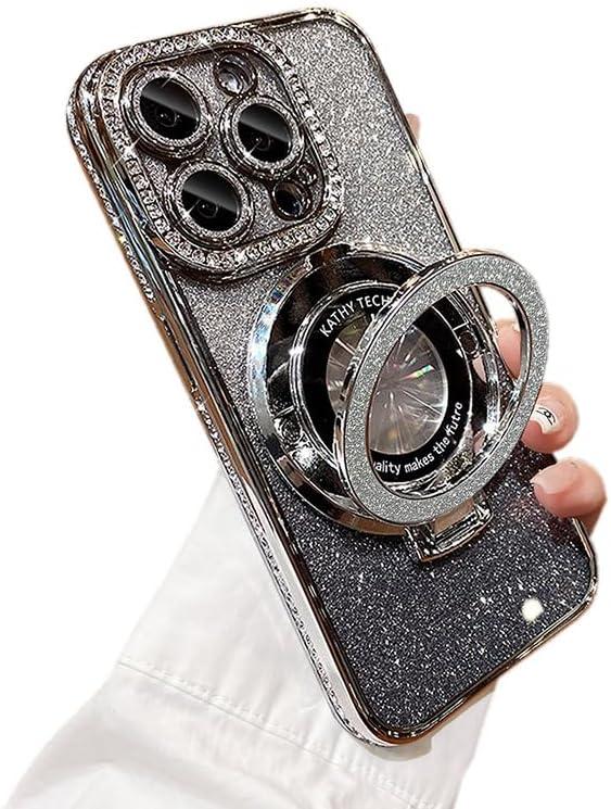 Bling Glitter Phone Case Compatible with iPhone 16 Pro Max, Kickstand Camera Lens Protector Soft Cover Sparkling Rhinestone Case (Silver)