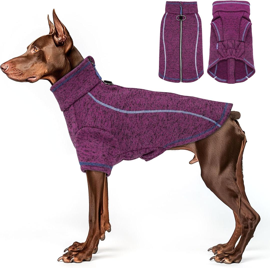 cyeollo Warm Dog Sweater with Zipper, Doggy Reflective Highneck Jackets with D Ring Step in Dog Winter Coats Fleece Female Stretchy Dogs Sweaters Pet Clothes for Large Dogs, Purple 3XL