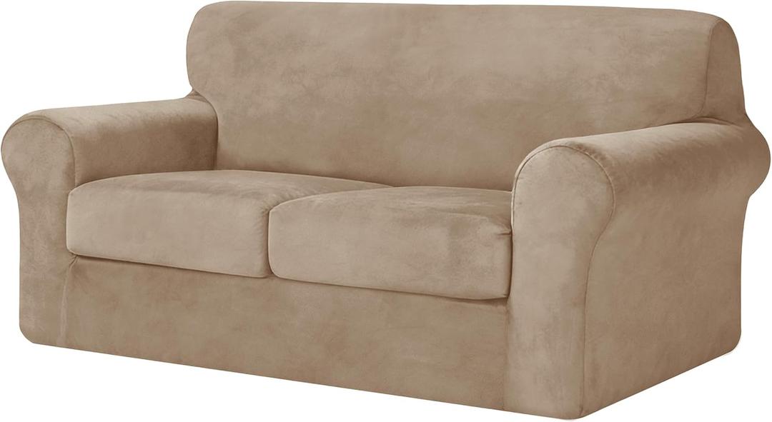 CHUN YI 3 Piece Velvet Couch Covers for 2 Cushion Couch, Water Resistant Loveseat Covers, Non Slip High Stretch Thick Furniture Protector for Dogs Pets, Medium, Camel