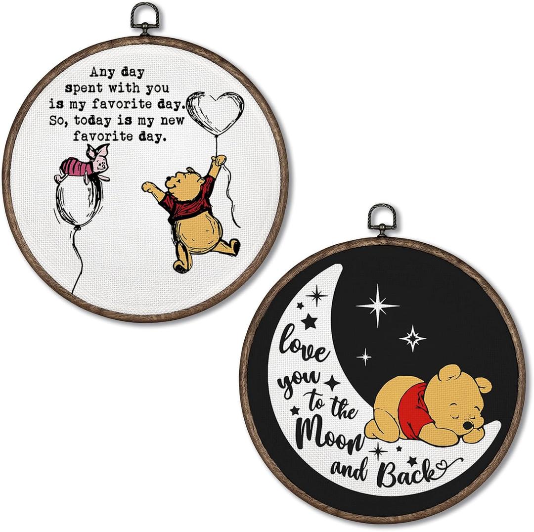 Giosve Bear Nursery Round Wall Art Canvas Framed Poster, Cute Cartoon Bear Pig Love You to the Moon and Back Hanging Wall Sculptures for Kids Nursery Room Bedroom Playroom Decor, 10x10 Inch Set of 2