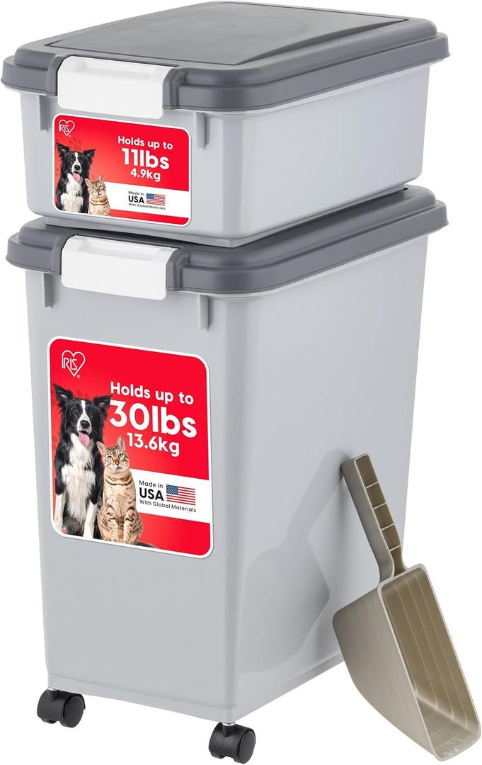 IRIS USA Dog Food Storage Container, 30 lbs & 11 lbs Combo, Cat Food Storage Container, Dog Treat Container, Airtight, Stackable, 2-Cup Scoop, Wheels, Easy Mobility, Gray, 3-Piece Set - 30 lbs + 11 lbs