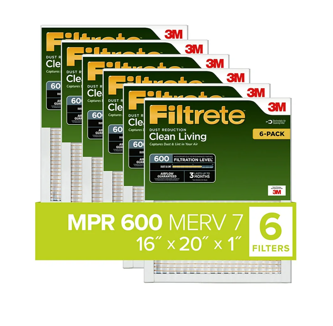 Filtrete 16x20x1 Air Filter, MPR 600, MERV 7, Clean Living Dust Reduction 3-Month Pleated 1-Inch Air Filters, 6 Filters