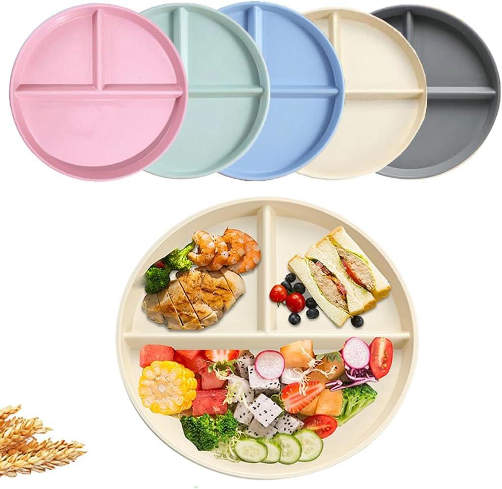 Unbreakable Divided Dinner Plate Set of 5, Wheat Straw Plates BPA Free 9 Inch, Portion Control Plate Healthy Eating & Bariatric Diet Divided Plates, Dinner Diet Plates for Kids
