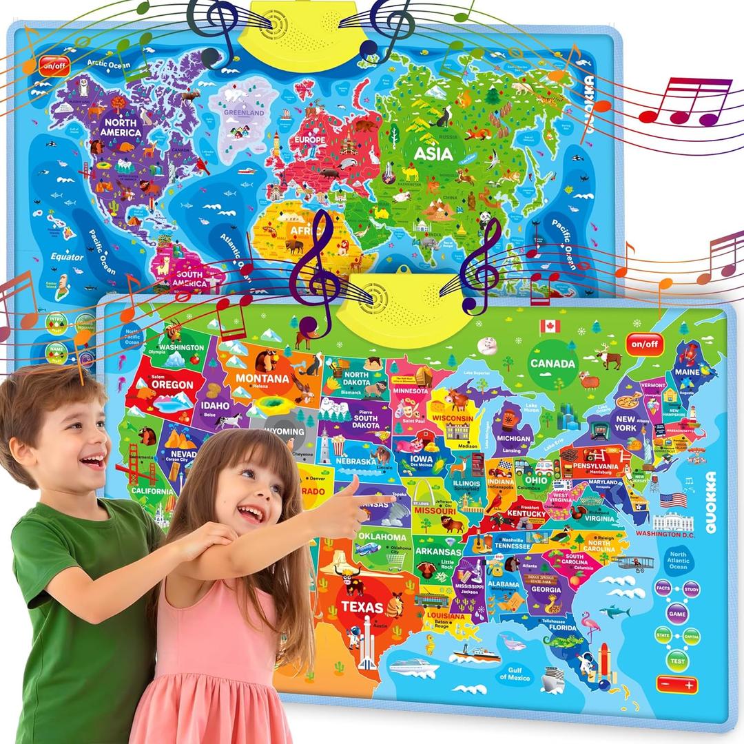 QUOKKA Educational Toys for Kids 5-7 Year Old - USA World Maps Learning Wall Chart for Toddlers Age 3 4 6+ - Interactive Speech Therapy Poster Boy Girl - Autism Game 8-10-12