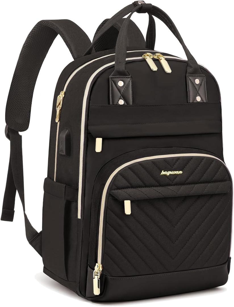 Laptop Backpack for Women Work Bag - 15.6 inch Black Travel Backpack College Backpack with USB Charger Business Office Back Pack for Teacher Casual Waterproof Bookbag for Nurses