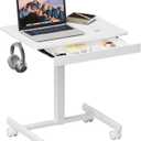 Rolling Standing Desk with Drawer, Pneumatic Laptop Desk (White)Height adjustable rolling laptop desk with storage drawer, side hook and lockable wheels for home office, white.